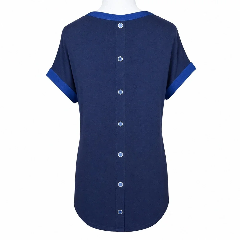 Cable & Gauge Blouse Womens XL Navy Blue Good Button Back V-Neck Short Sleeve - Picture 8 of 9